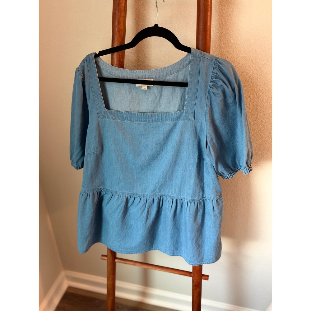 Loft Outlet Blue Chambray Peplum Top Square Neck Puff Sleeve Blouse Large